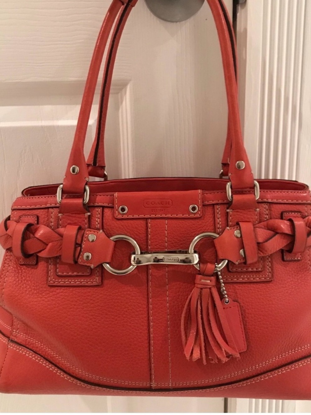 Coach Hampton Medium Coral Braided Leather Zip Top Bag